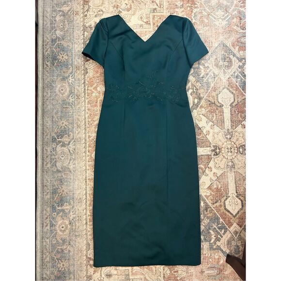 Maggy London Emerald Green Midi Satin Jeweled Detailing Dress, Size 10 - Picture 1 of 13